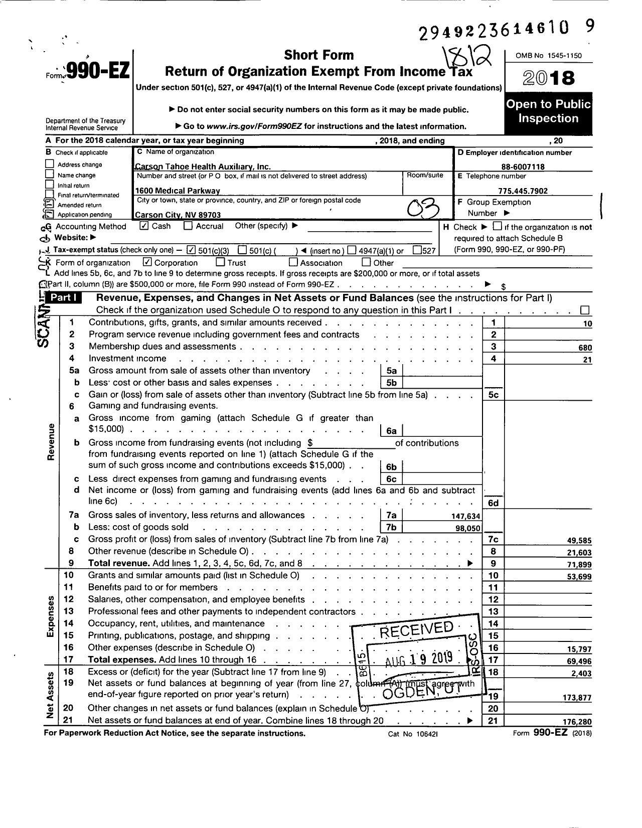 Image of first page of 2018 Form 990EZ for Carson Tahoe Regional Healthcare Auxiliary