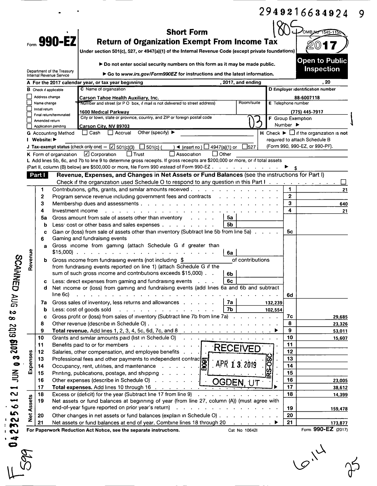 Image of first page of 2017 Form 990EZ for Carson Tahoe Regional Healthcare Auxiliary