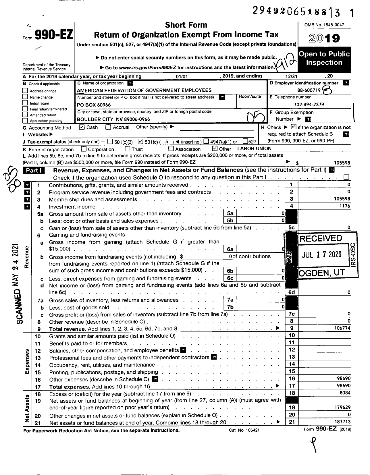 Image of first page of 2019 Form 990EO for AMERICAN FEDERATION OF GOVERNMENT EMPLOYEES - 1978 Afge