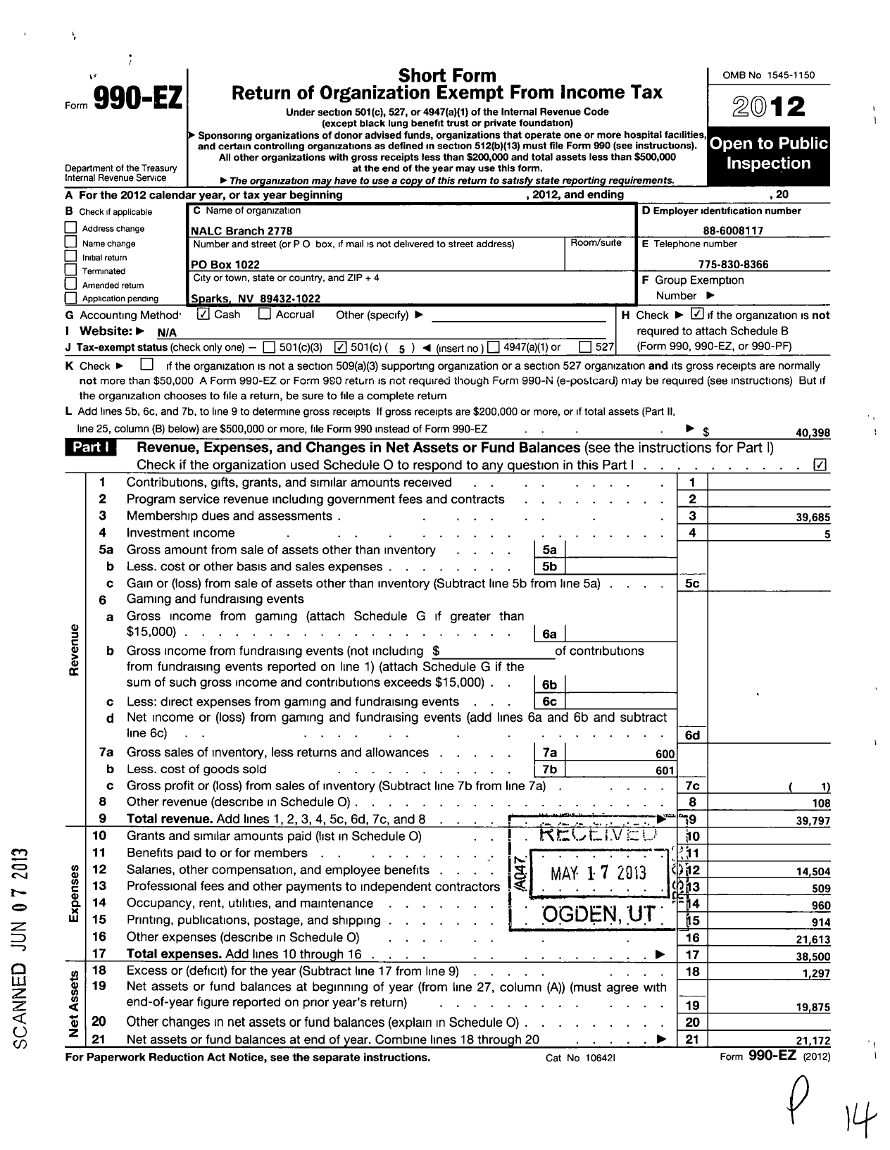 Image of first page of 2012 Form 990EO for National Association of Letter Carriers - 2778 Sparks Nevada