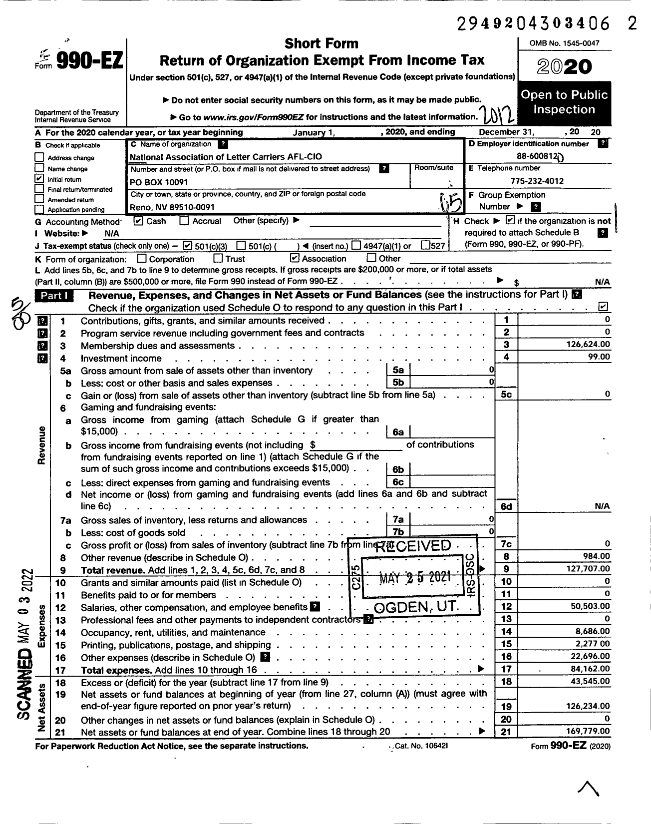 Image of first page of 2020 Form 990EO for NATIONAL ASSOCIATION OF LETTER CARRIERS - 709 Reno Nevada