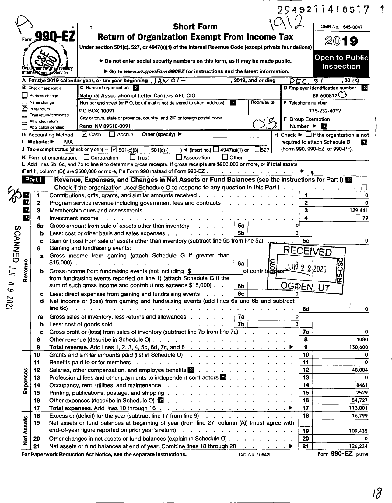 Image of first page of 2019 Form 990EO for NATIONAL ASSOCIATION OF LETTER CARRIERS - 709 Reno Nevada