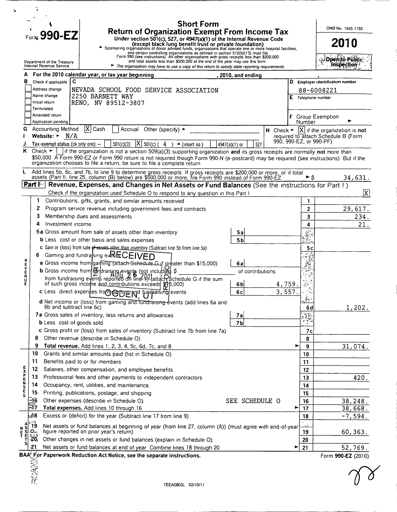 Image of first page of 2010 Form 990EO for Nevada School Nutrition Association