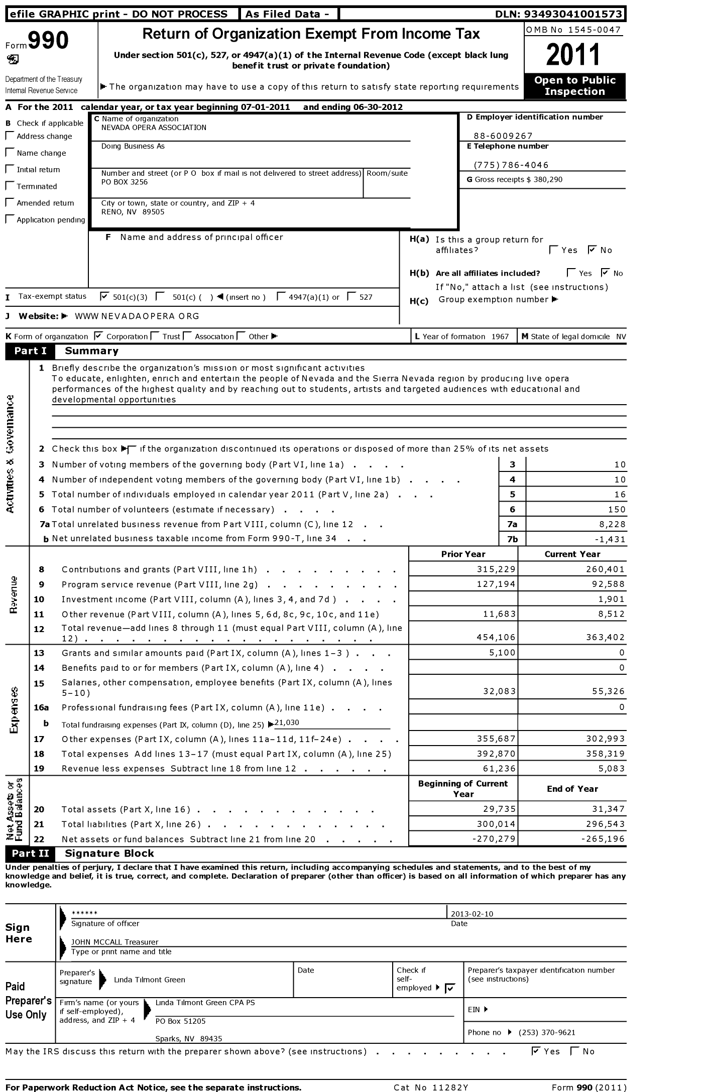 Image of first page of 2011 Form 990 for Nevada Opera Association