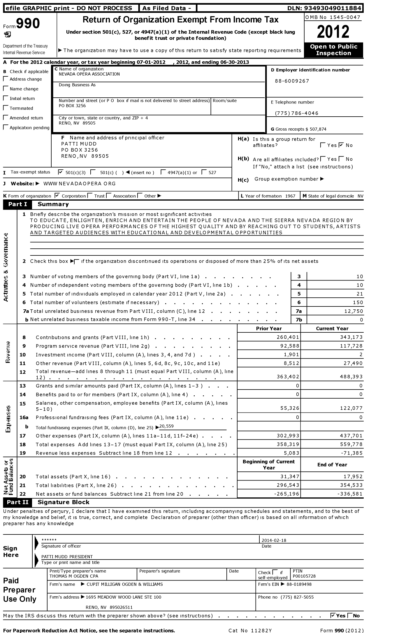 Image of first page of 2012 Form 990 for Nevada Opera Association