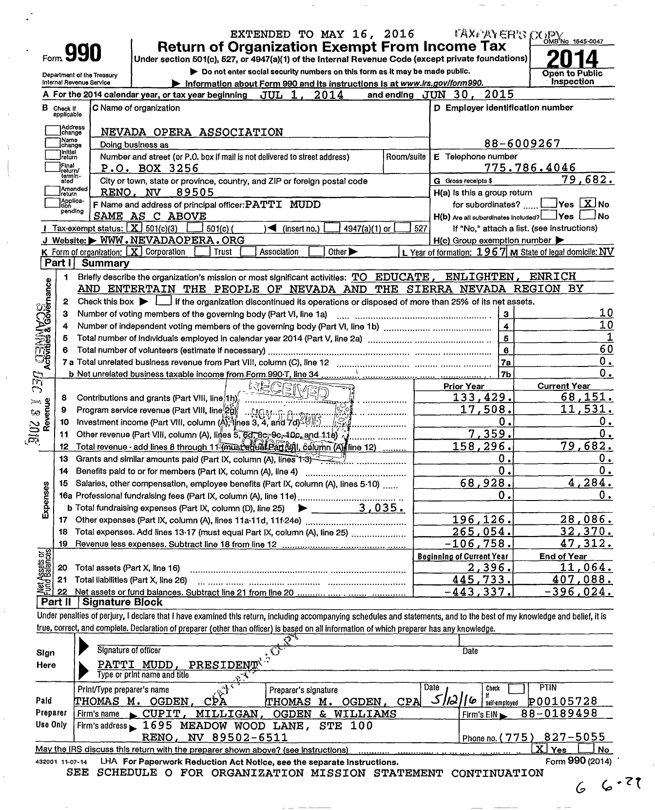 Image of first page of 2014 Form 990 for Nevada Opera Association