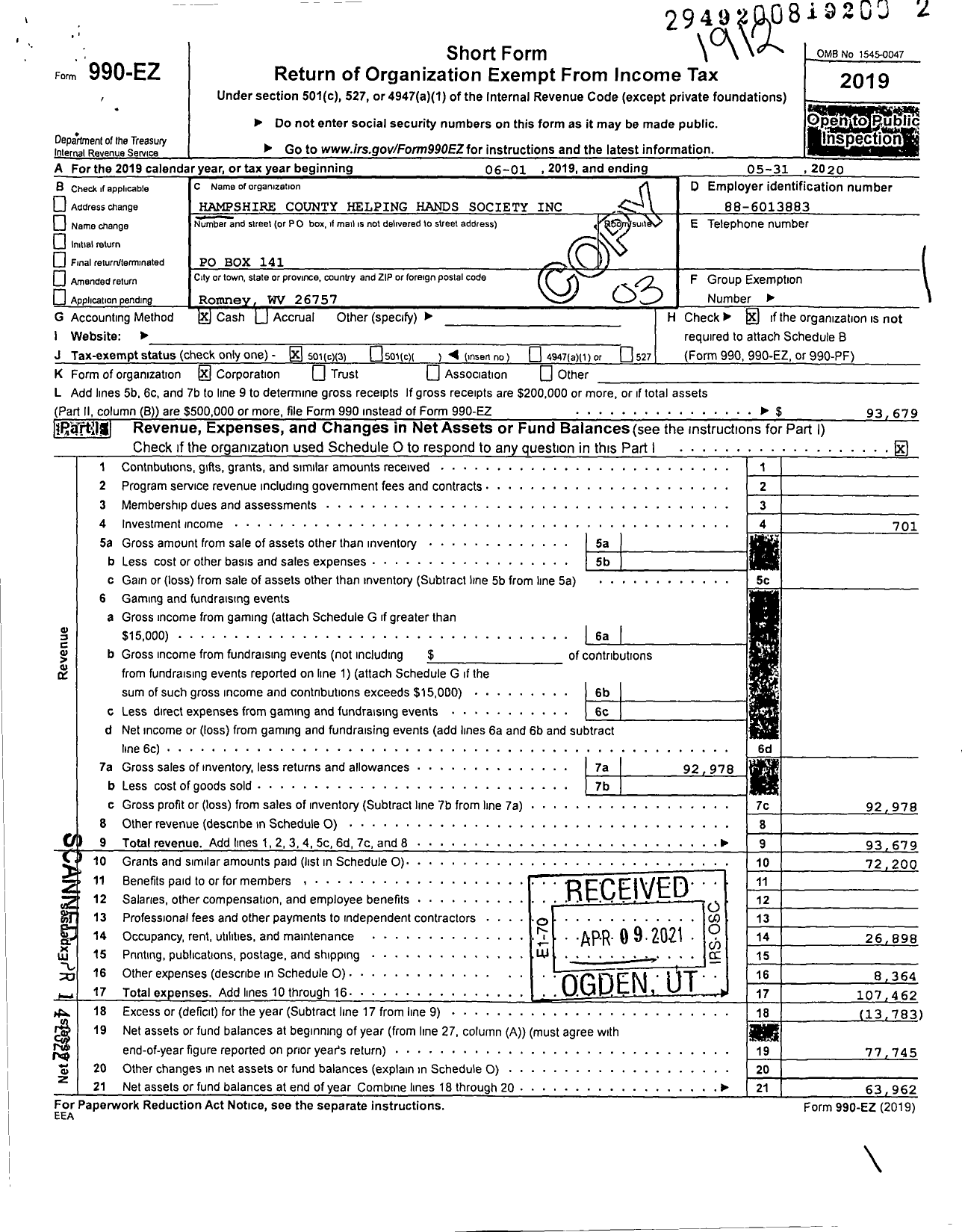 Image of first page of 2019 Form 990EZ for Hampshire County Helping Hands Society