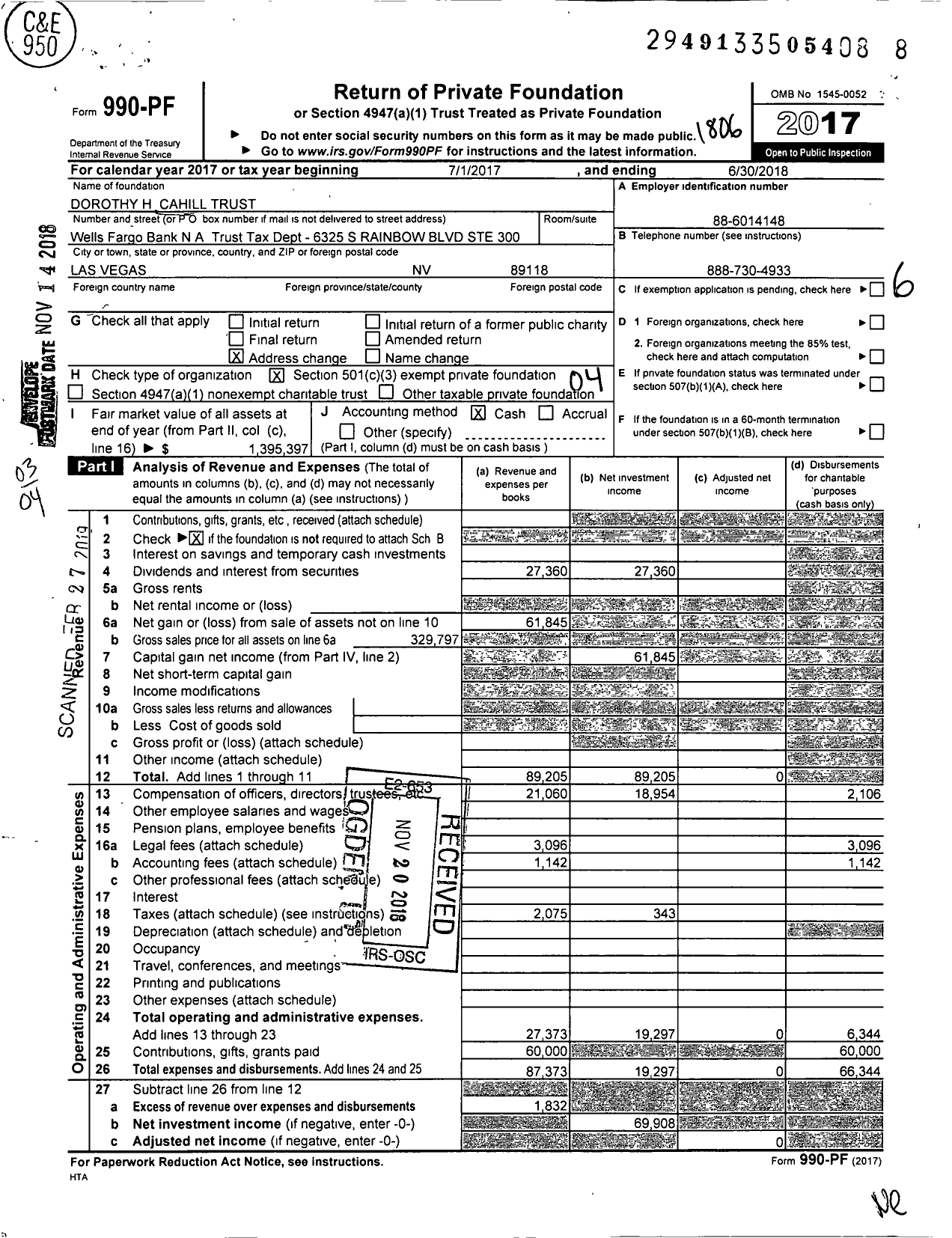 Image of first page of 2017 Form 990PF for Cahill Dorothy H Tuw