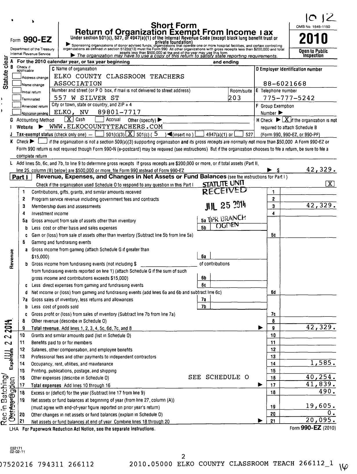 Image of first page of 2010 Form 990EO for Elko County Classroom Teacher Association