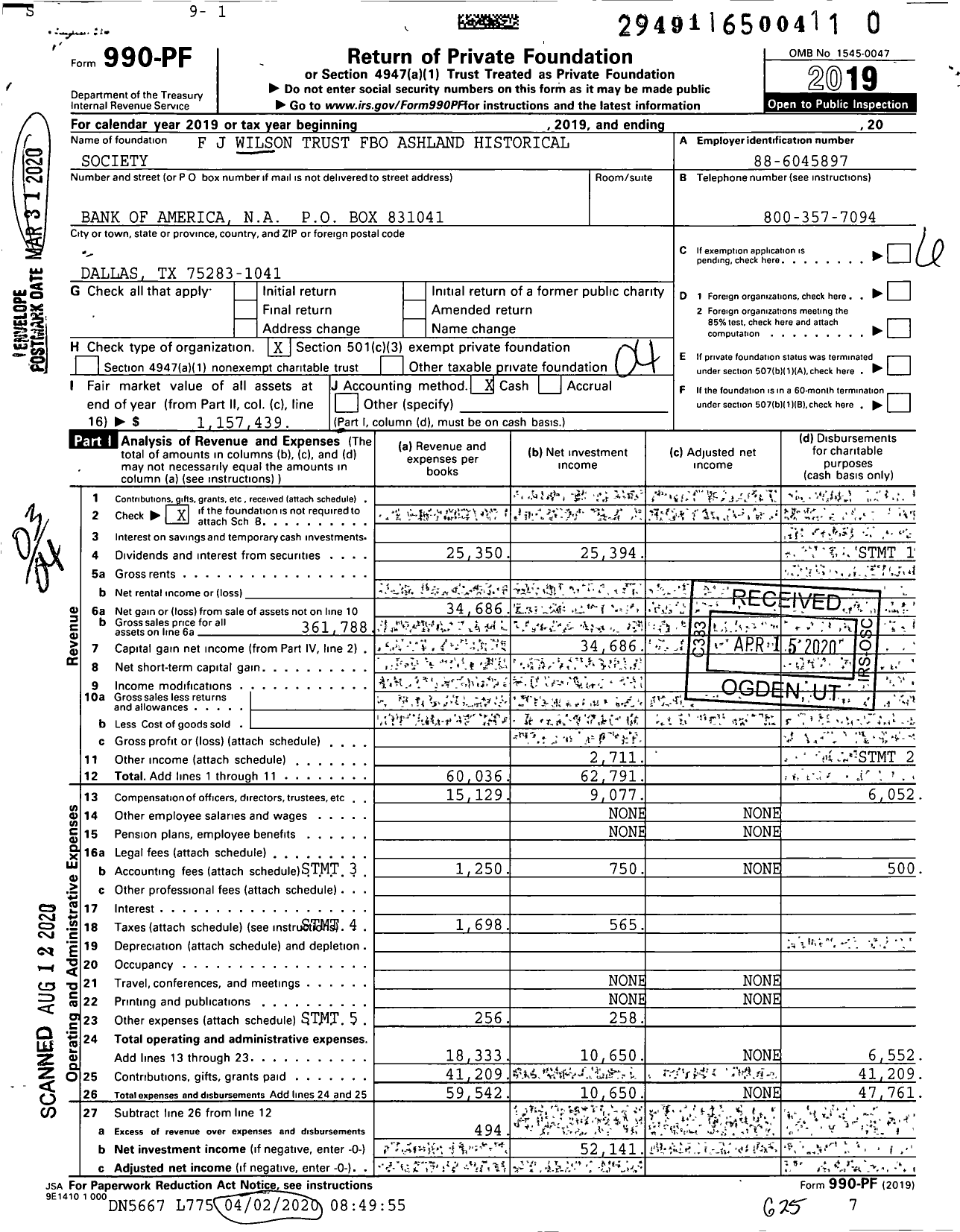 Image of first page of 2019 Form 990PR for F J Wilson Trust Fbo Ashland Historical