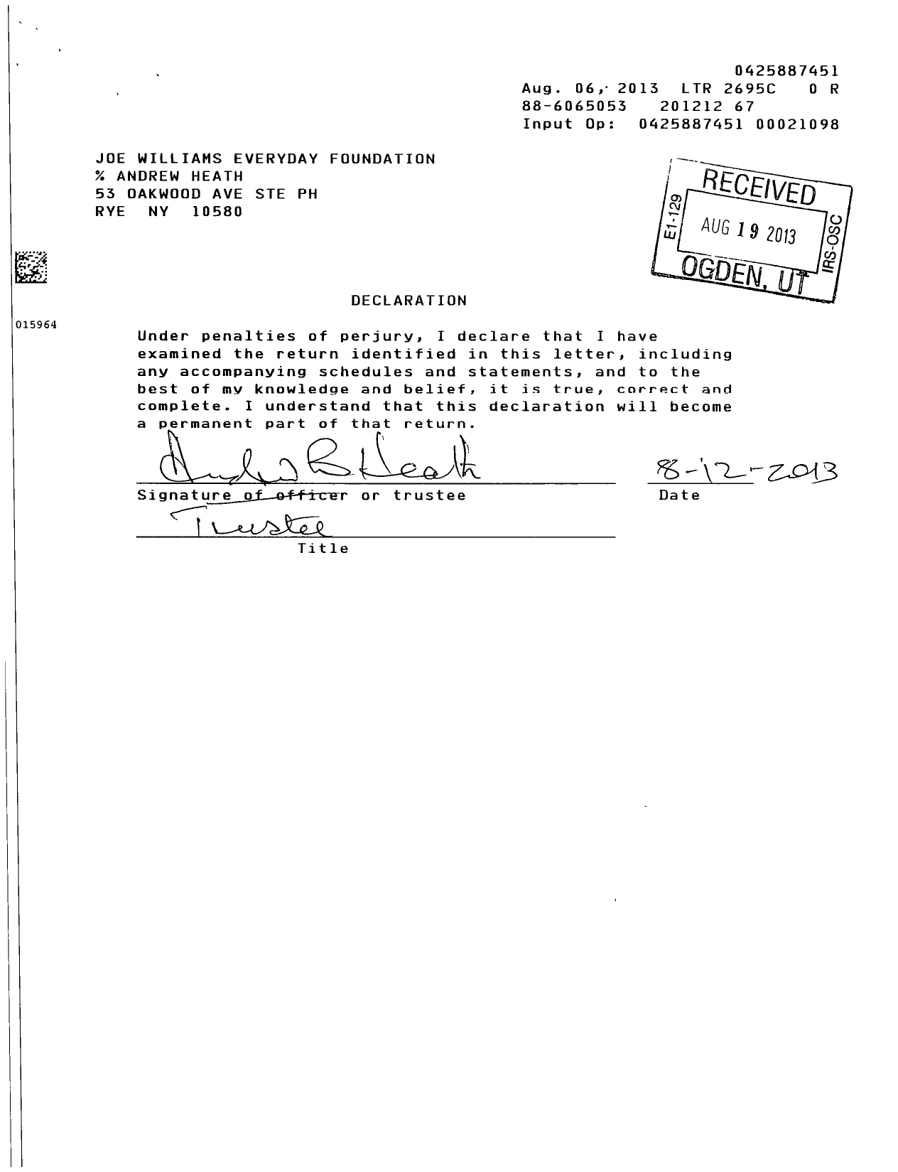 Image of first page of 2012 Form 990ER for Joe Williams Every Day Foundation