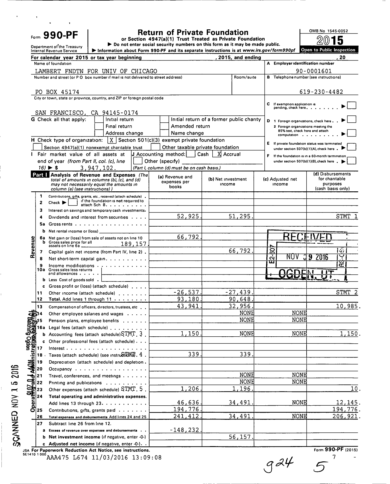 Image of first page of 2015 Form 990PF for Lambert Fndtn for Univ of Chicago