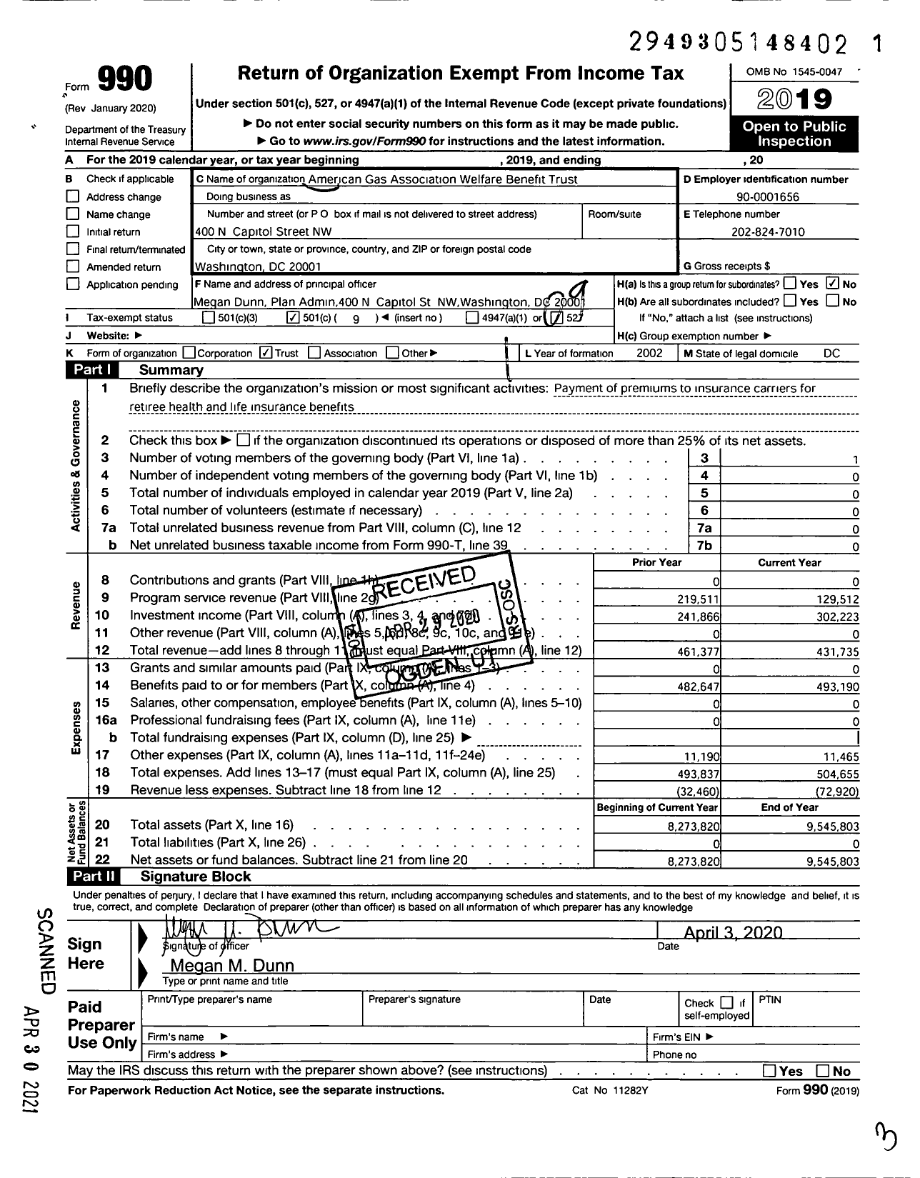 Image of first page of 2019 Form 990O for American Gas Association Welfare Benefit Trust