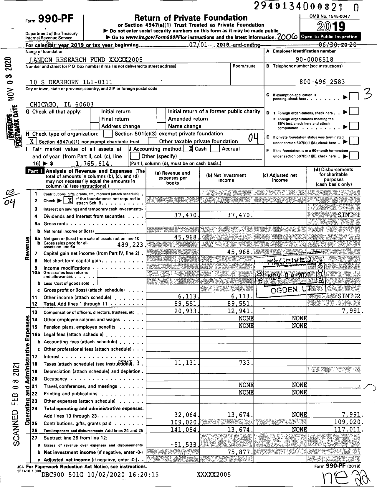 Image of first page of 2019 Form 990PF for Landon Research Fund XXXXX2005