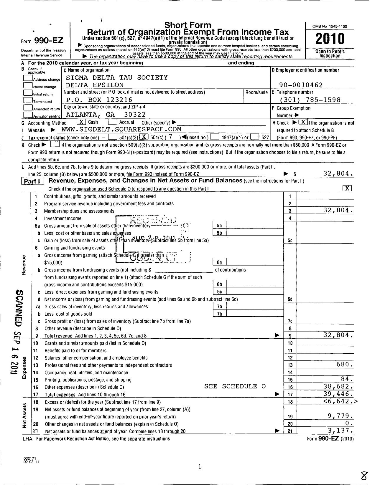 Image of first page of 2010 Form 990EO for Sigma Delta Tau Delta Epsilon Chapter