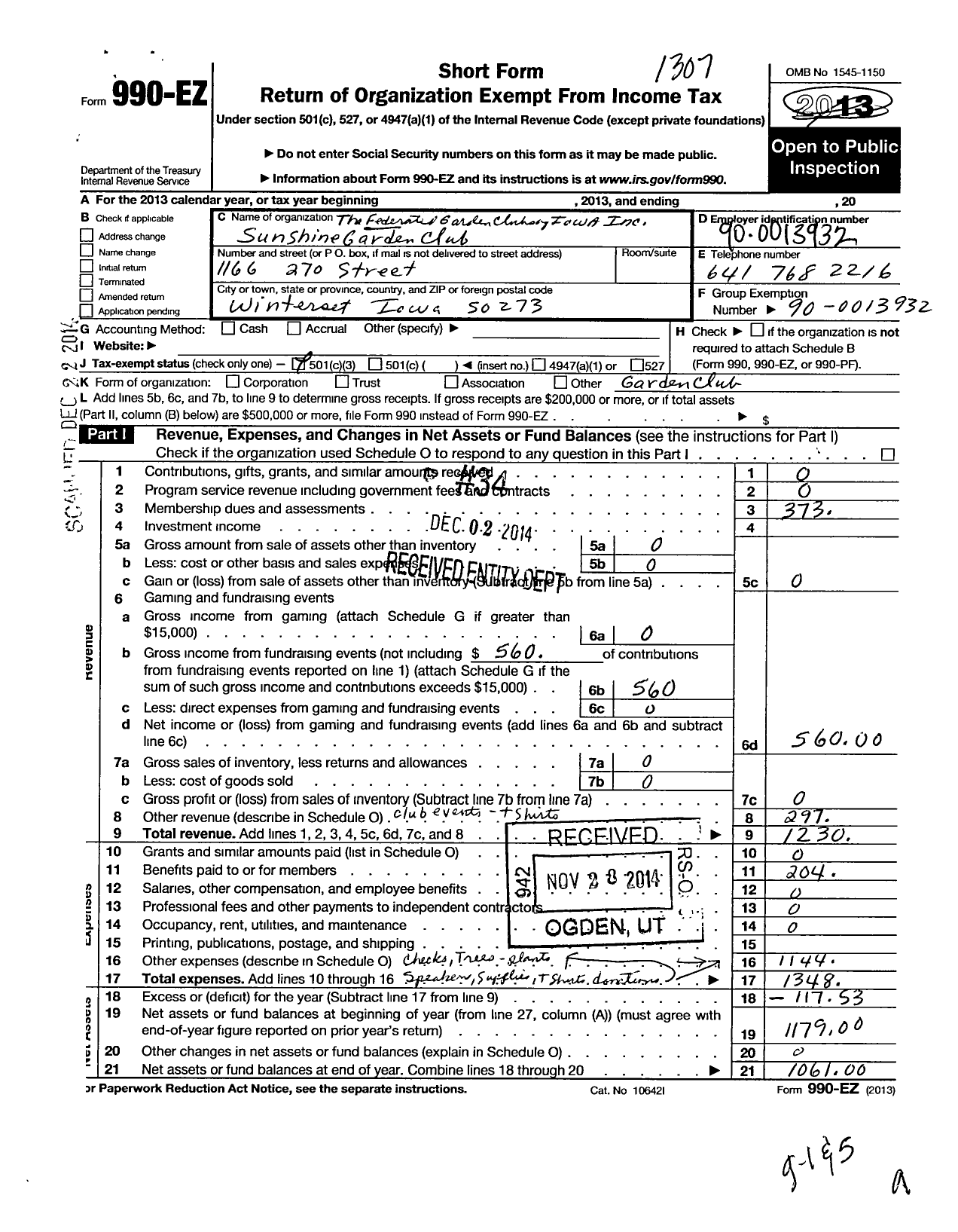 Image of first page of 2012 Form 990EZ for The Federated Garden Clubs of Iowa / Grant Sunshine Garden Club