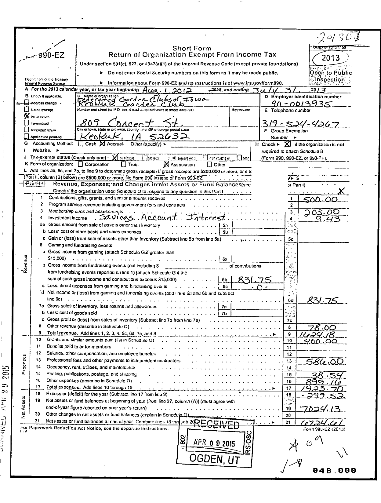 Image of first page of 2012 Form 990EZ for The Federated Garden Clubs of Iowa / Keokuk Garden Club