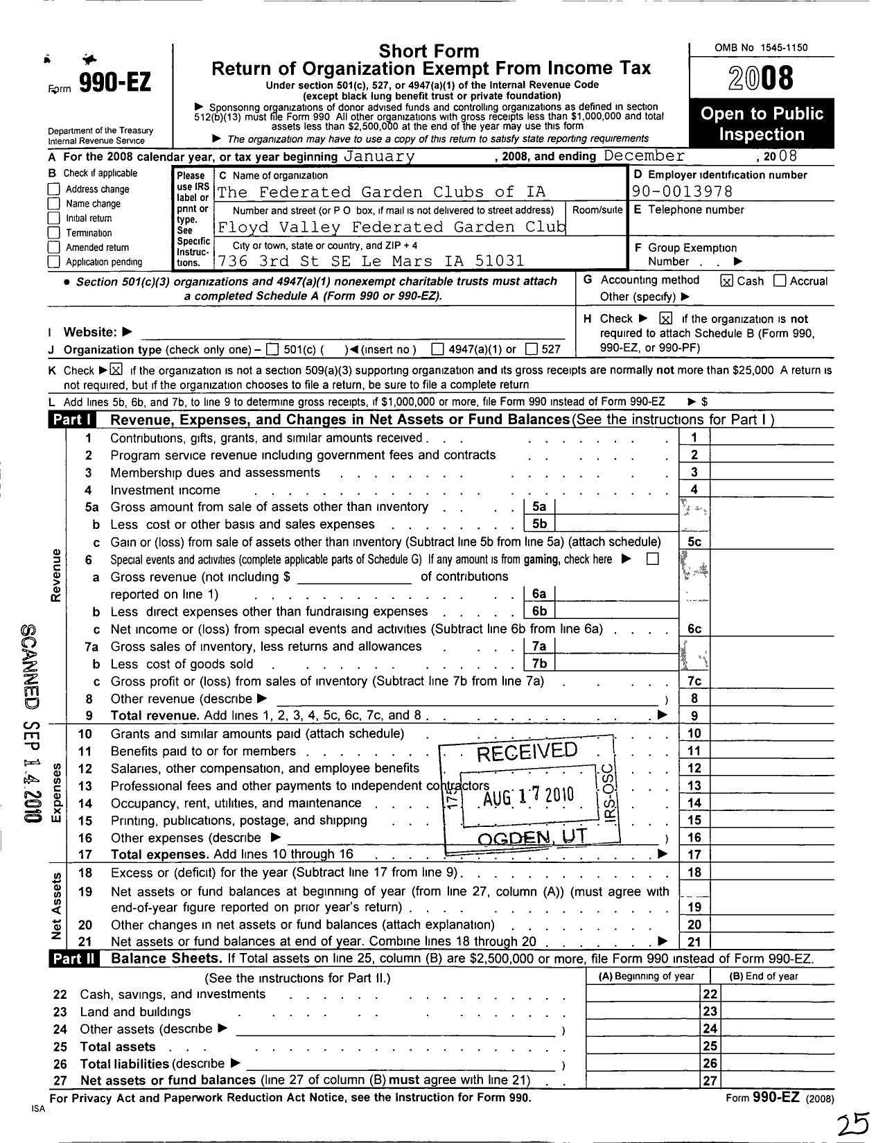 Image of first page of 2008 Form 990EO for The Federated Garden Clubs of Iowa / Floyd Valley Federated Garden Club