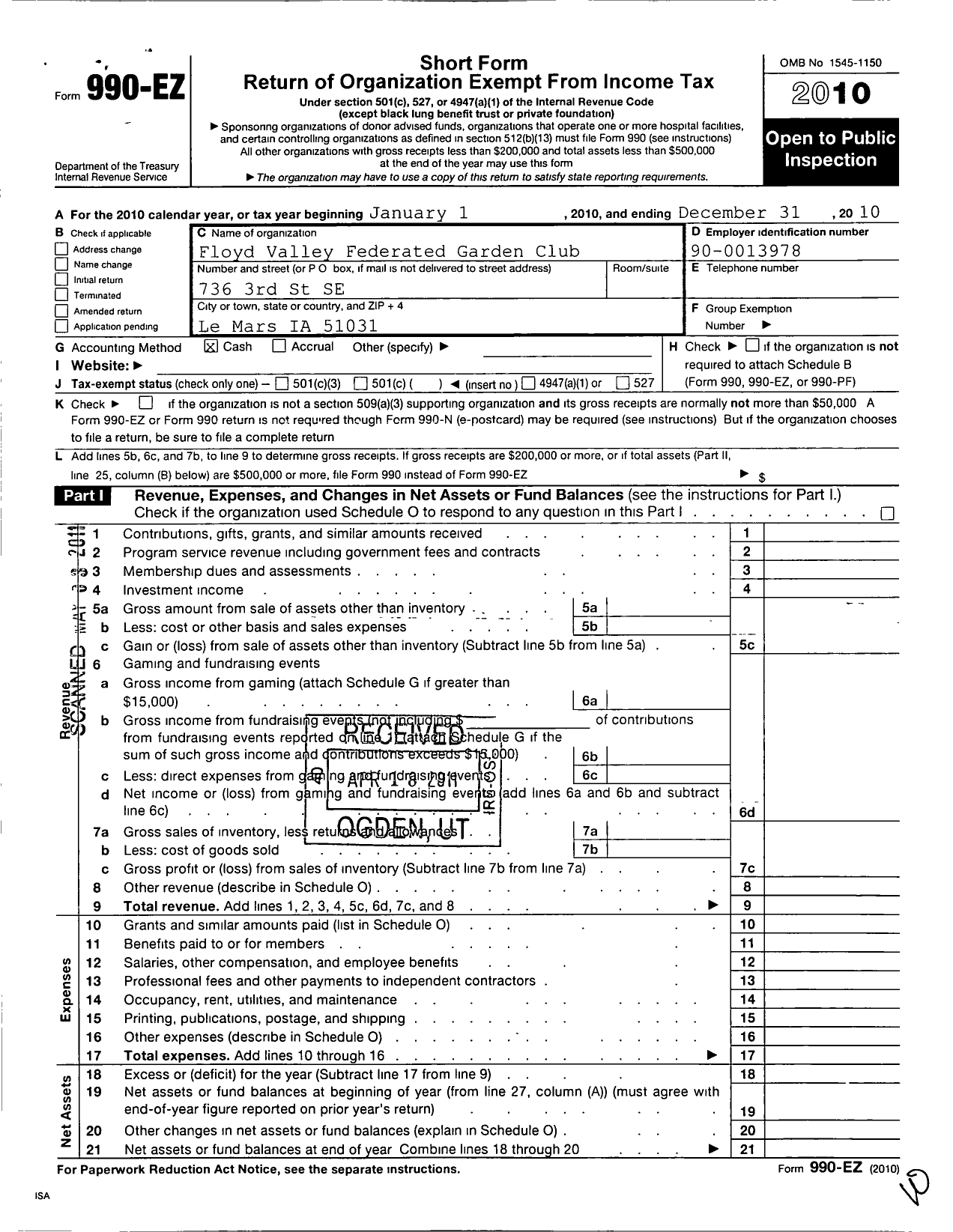 Image of first page of 2010 Form 990EO for The Federated Garden Clubs of Iowa / Floyd Valley Federated Garden Club