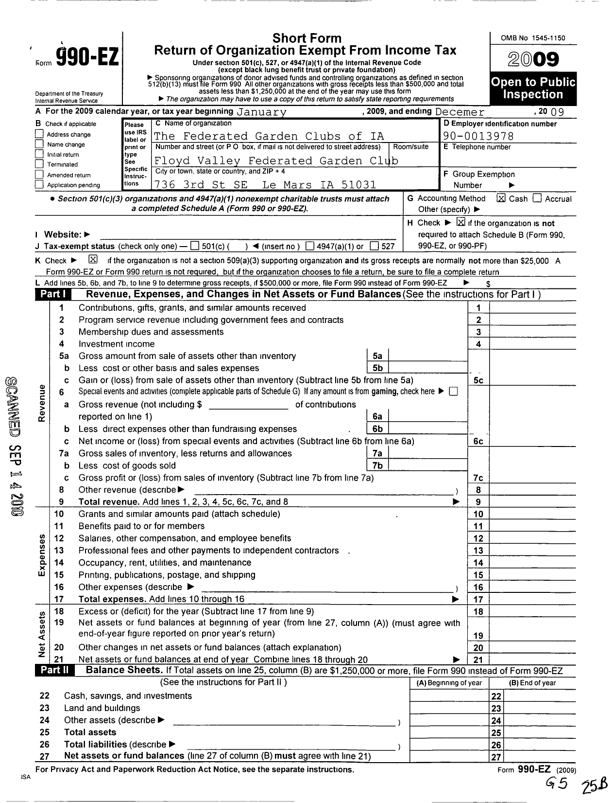 Image of first page of 2009 Form 990EO for The Federated Garden Clubs of Iowa / Floyd Valley Federated Garden Club