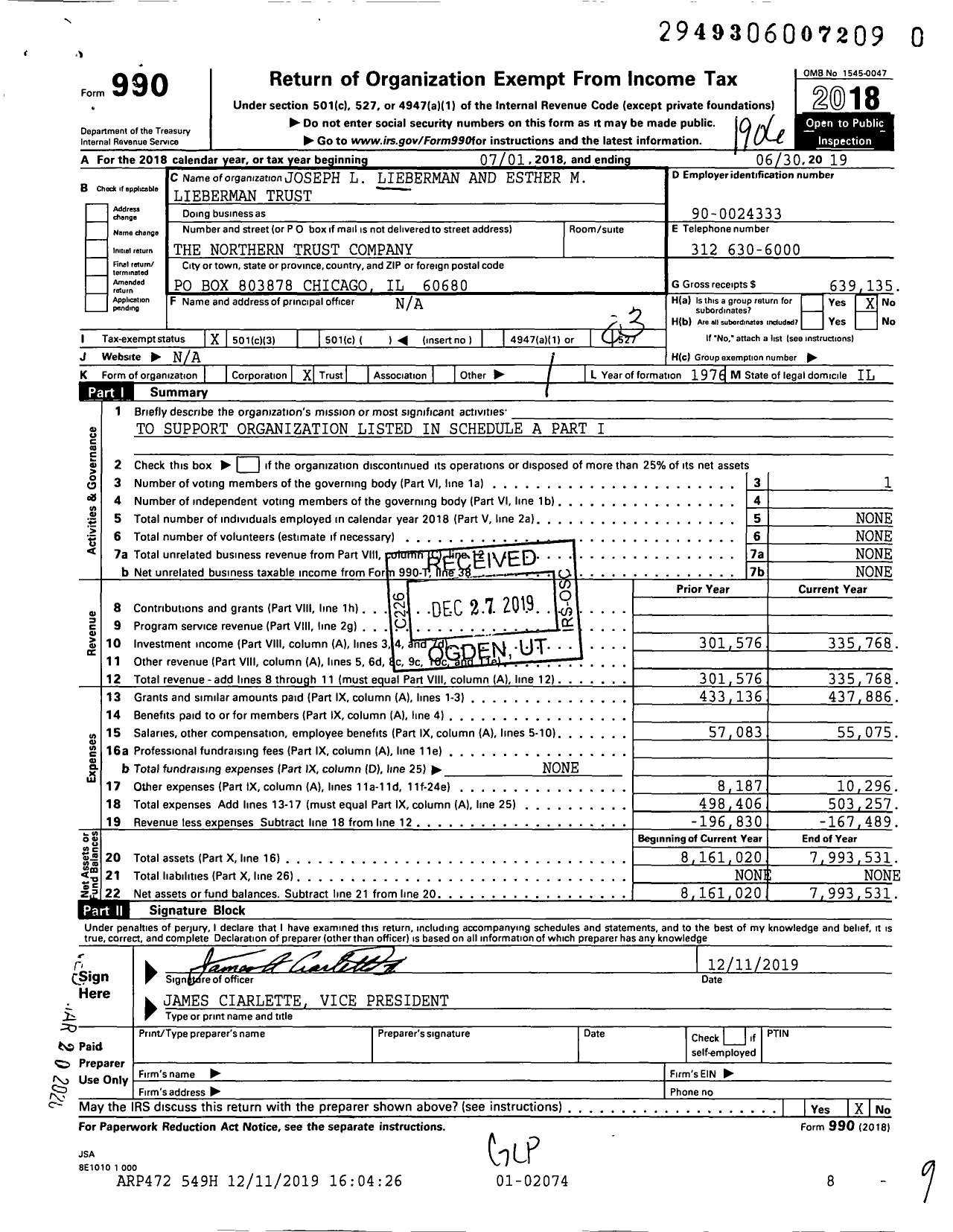 Image of first page of 2018 Form 990 for Joseph L Lieberman and Esther M