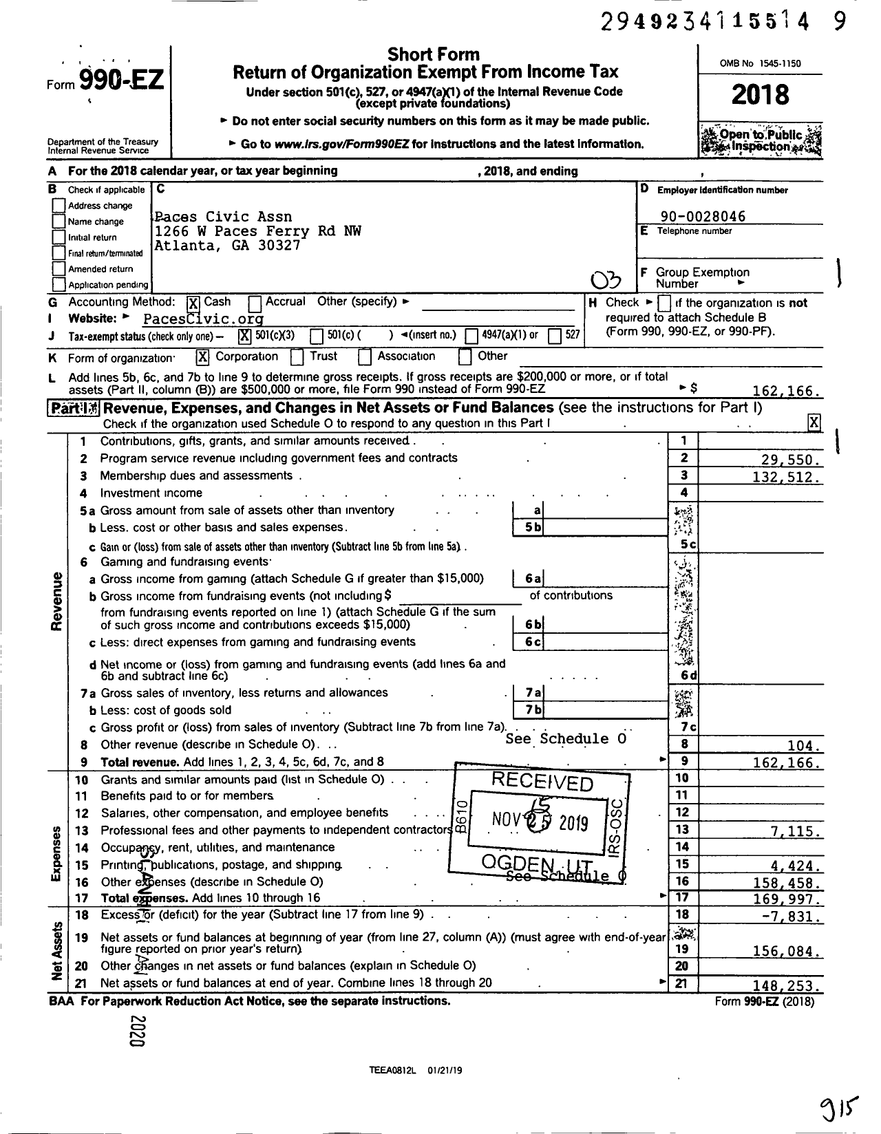 Image of first page of 2018 Form 990EZ for Paces Civic Association