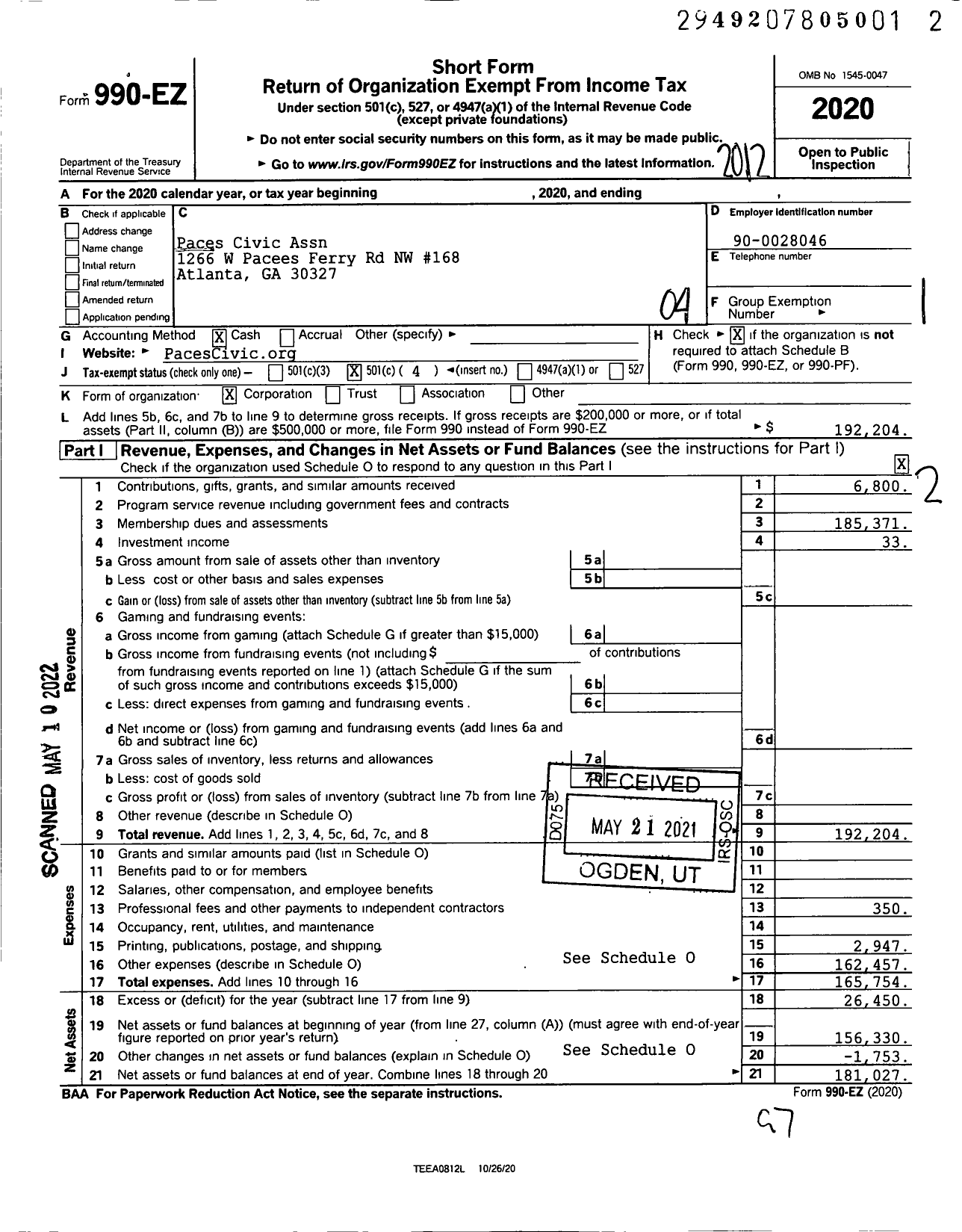 Image of first page of 2020 Form 990EO for Paces Civic Association