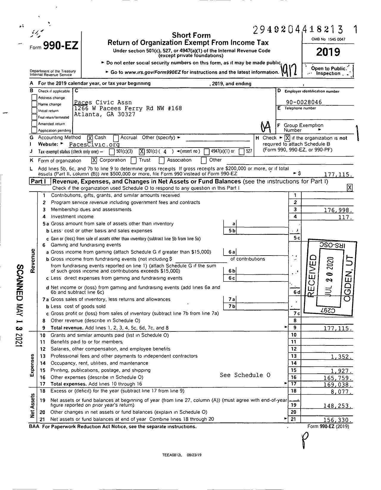 Image of first page of 2019 Form 990EO for Paces Civic Association