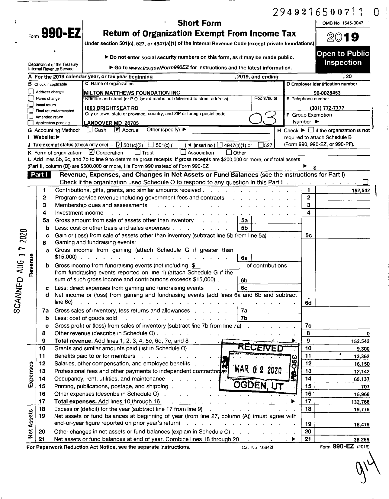 Image of first page of 2019 Form 990EZ for Milton Matthews Foundation