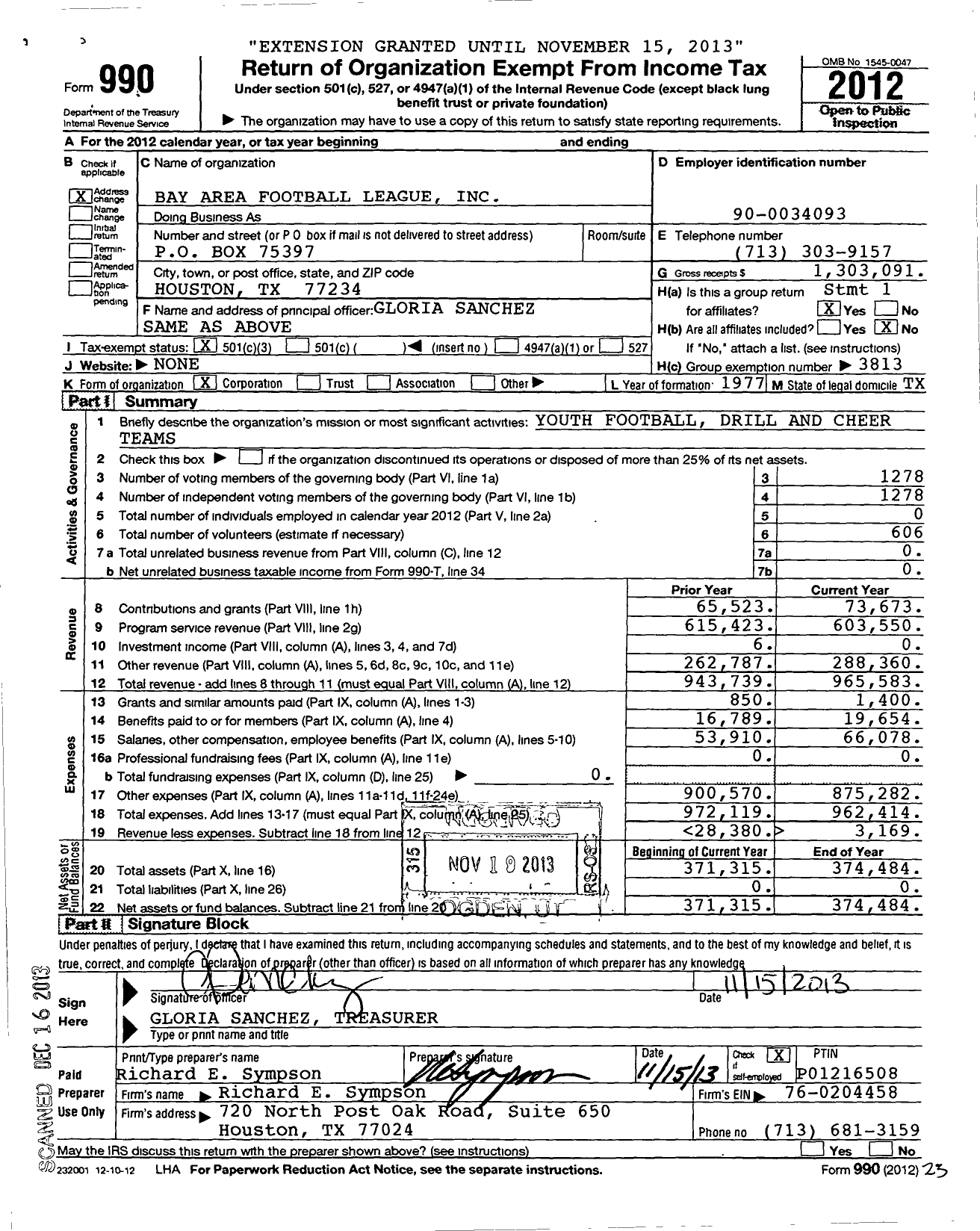 Image of first page of 2012 Form 990 for Bay Area Football League / Group Return