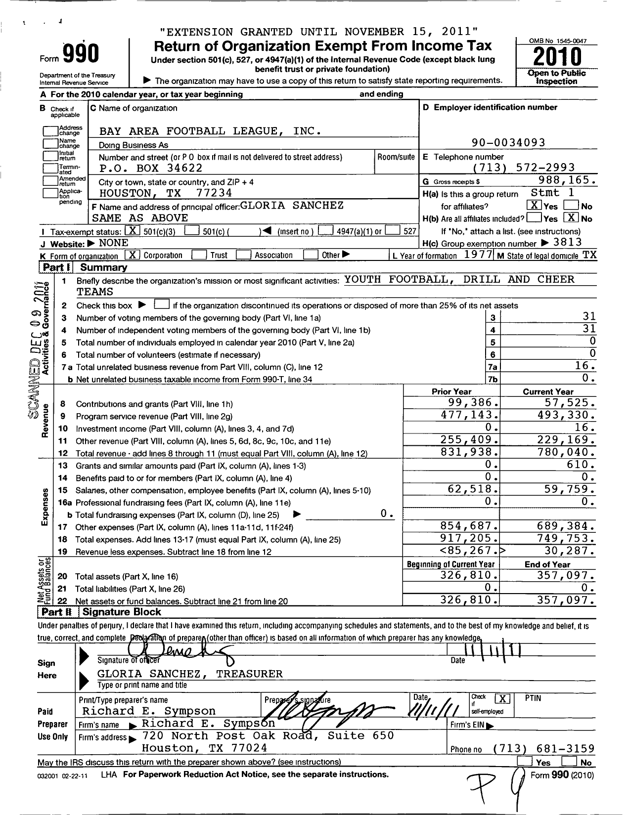 Image of first page of 2010 Form 990 for Bay Area Football League / Group Return