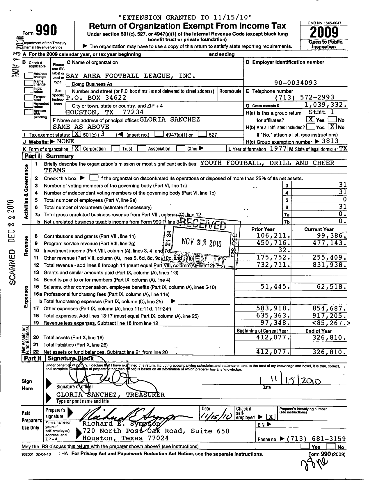 Image of first page of 2009 Form 990 for Bay Area Football League / Group Return