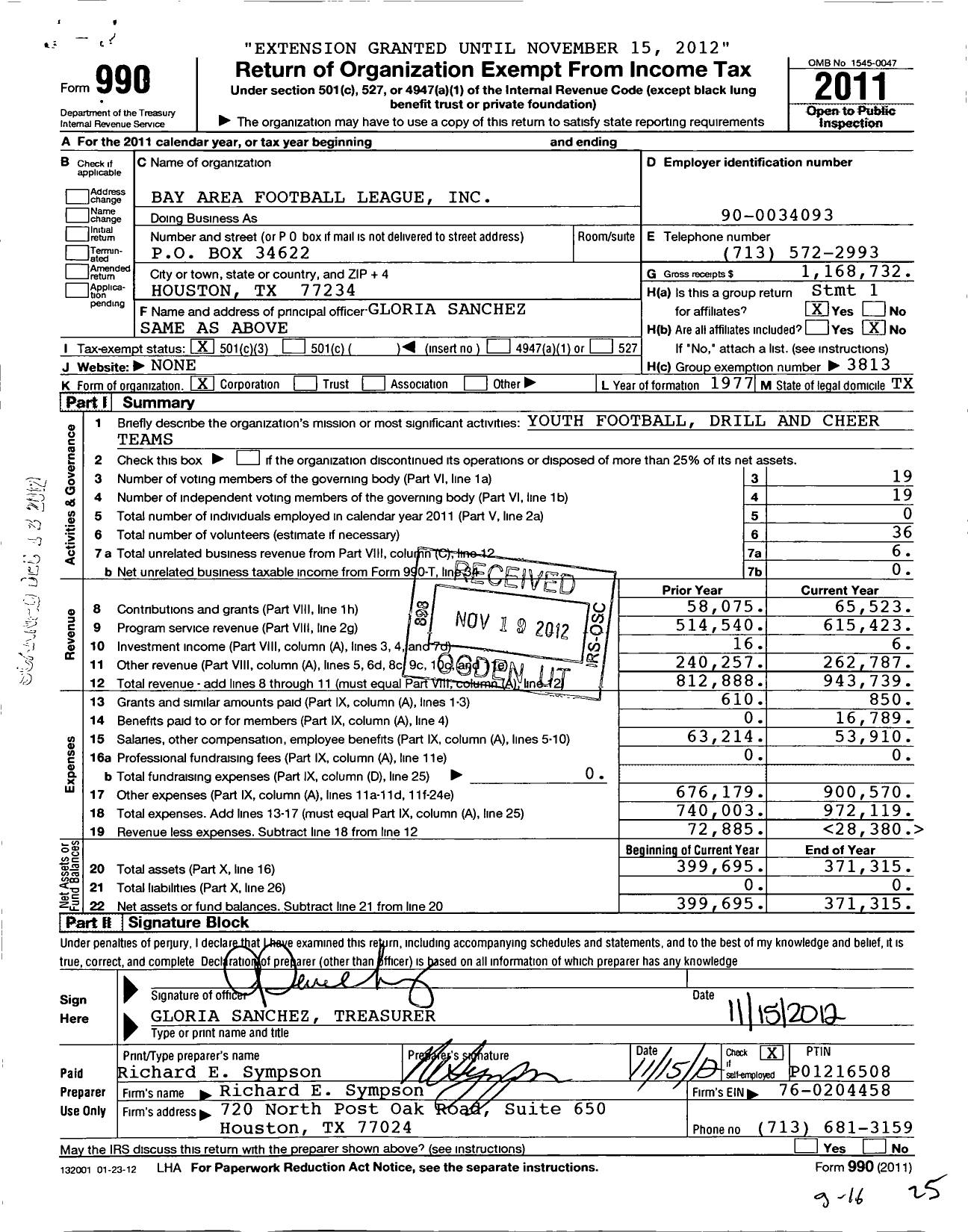 Image of first page of 2011 Form 990 for Bay Area Football League / Group Return