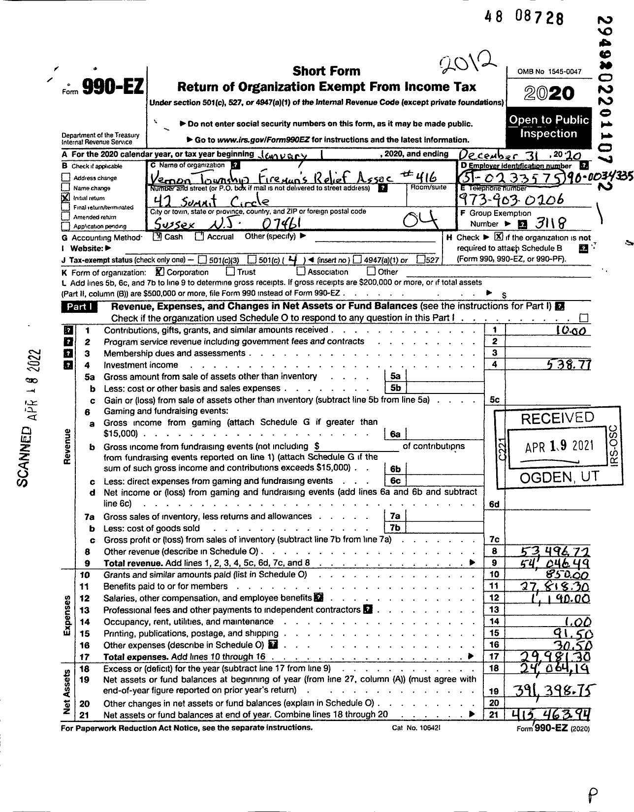 Image of first page of 2020 Form 990EO for New Jersey State Firemens Association 416