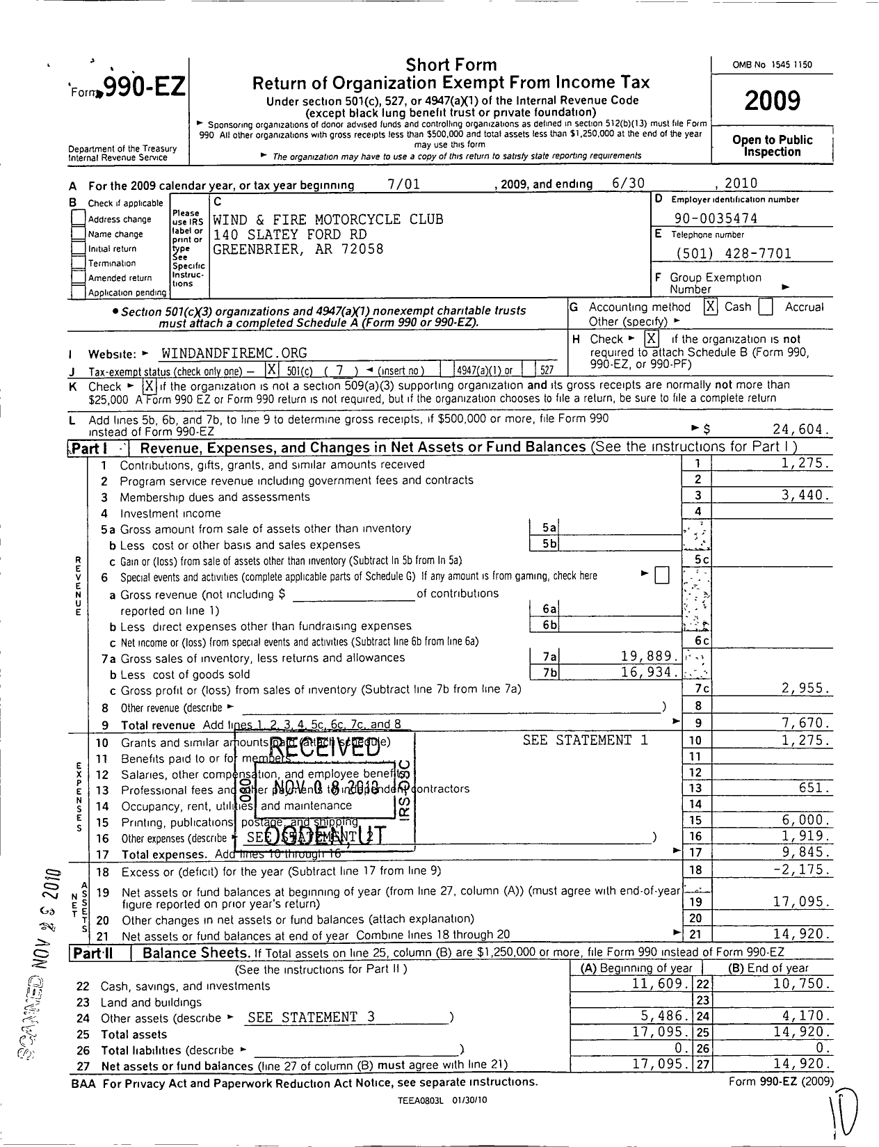 Image of first page of 2009 Form 990EO for Wind and Fire Motorcycle Club