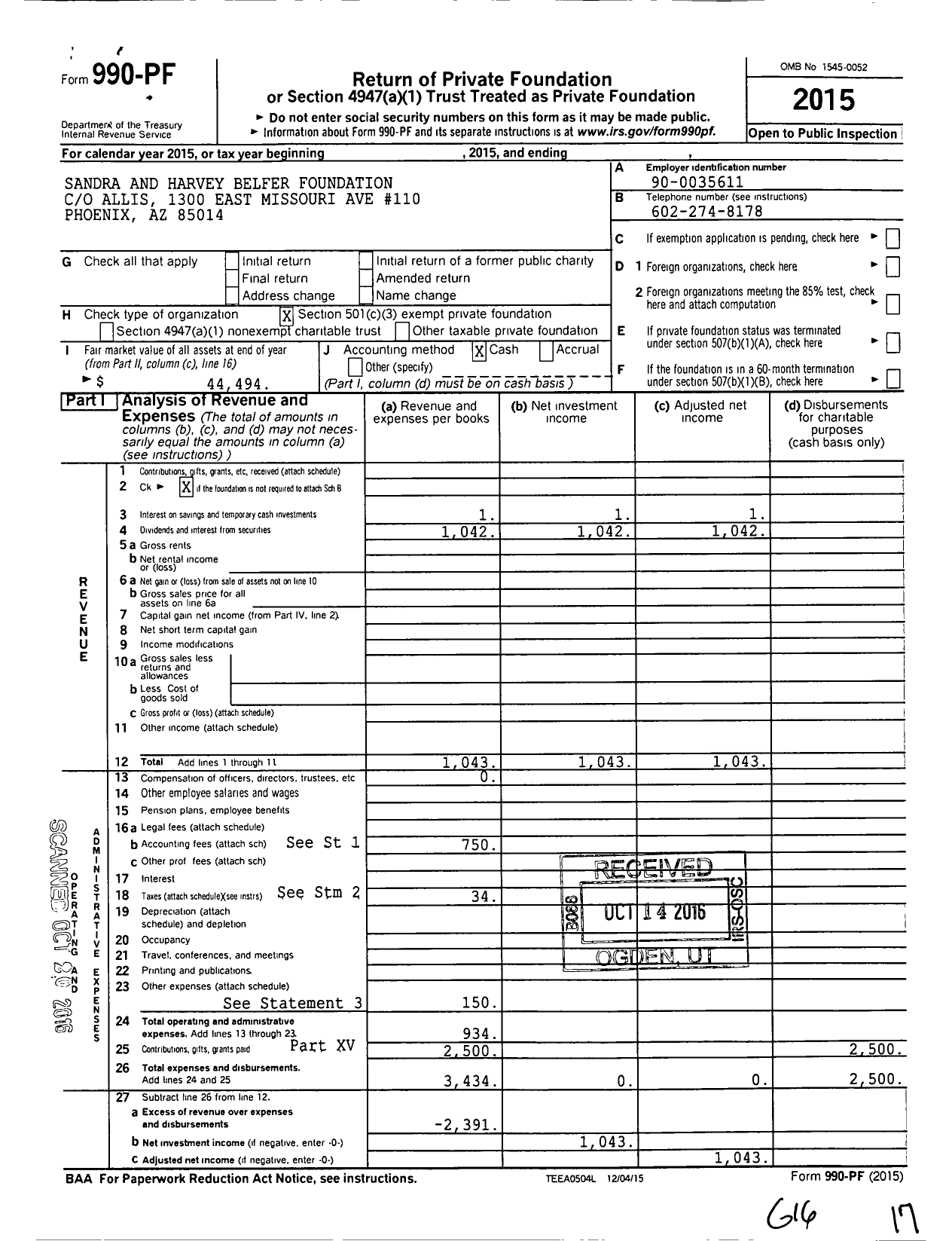Image of first page of 2015 Form 990PF for The Sandra and Harvey Belfer Foundation