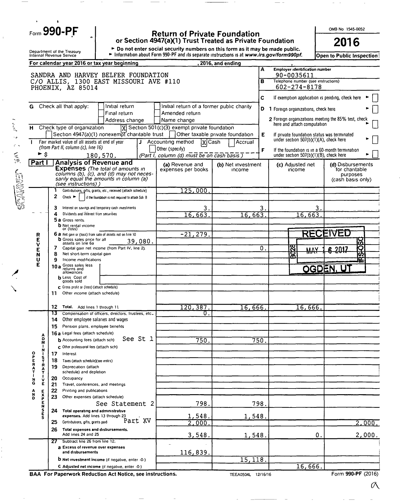 Image of first page of 2016 Form 990PF for The Sandra and Harvey Belfer Foundation