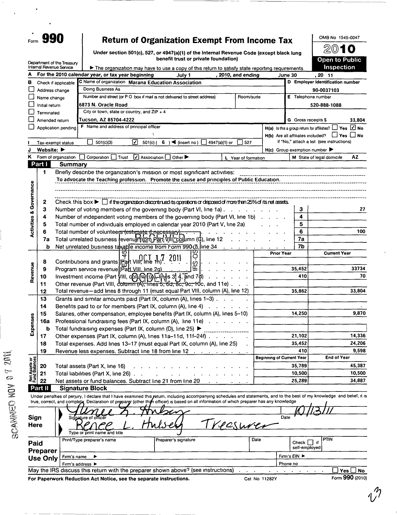 Image of first page of 2010 Form 990O for Marana Education Association