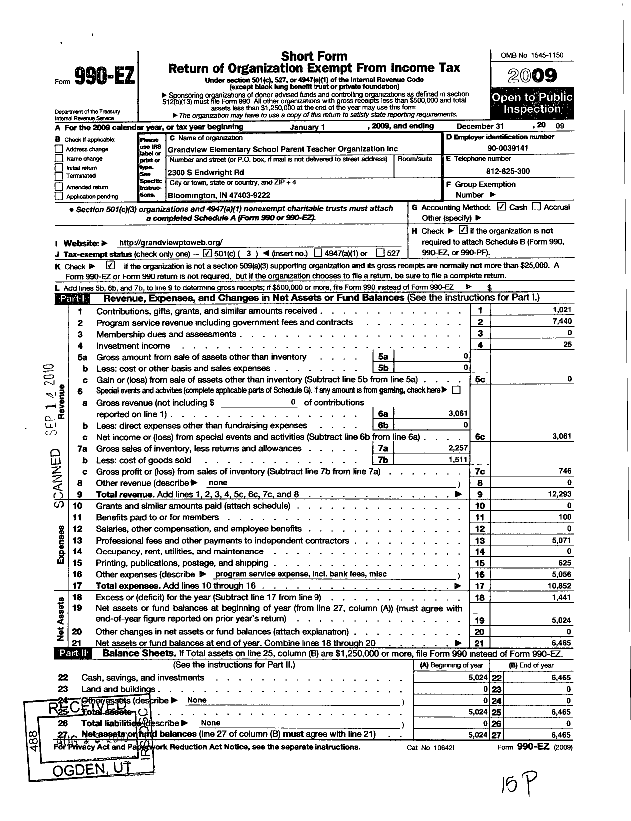 Image of first page of 2009 Form 990EZ for Grandview Elementary School Parent Teacher Organization