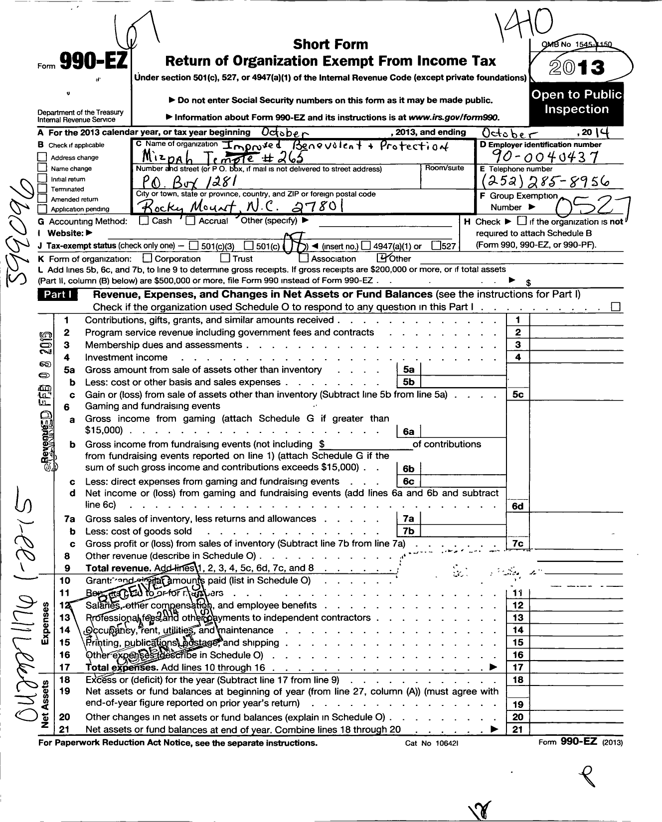 Image of first page of 2013 Form 990EO for Improved Benevolent and Protective Order of Elks of the World - 265 Mizpah Temple