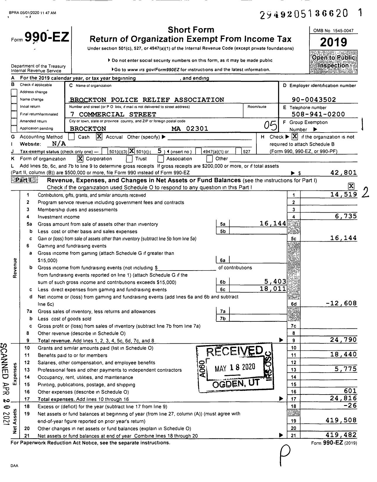 Image of first page of 2019 Form 990EO for Brockton Police Relief Association