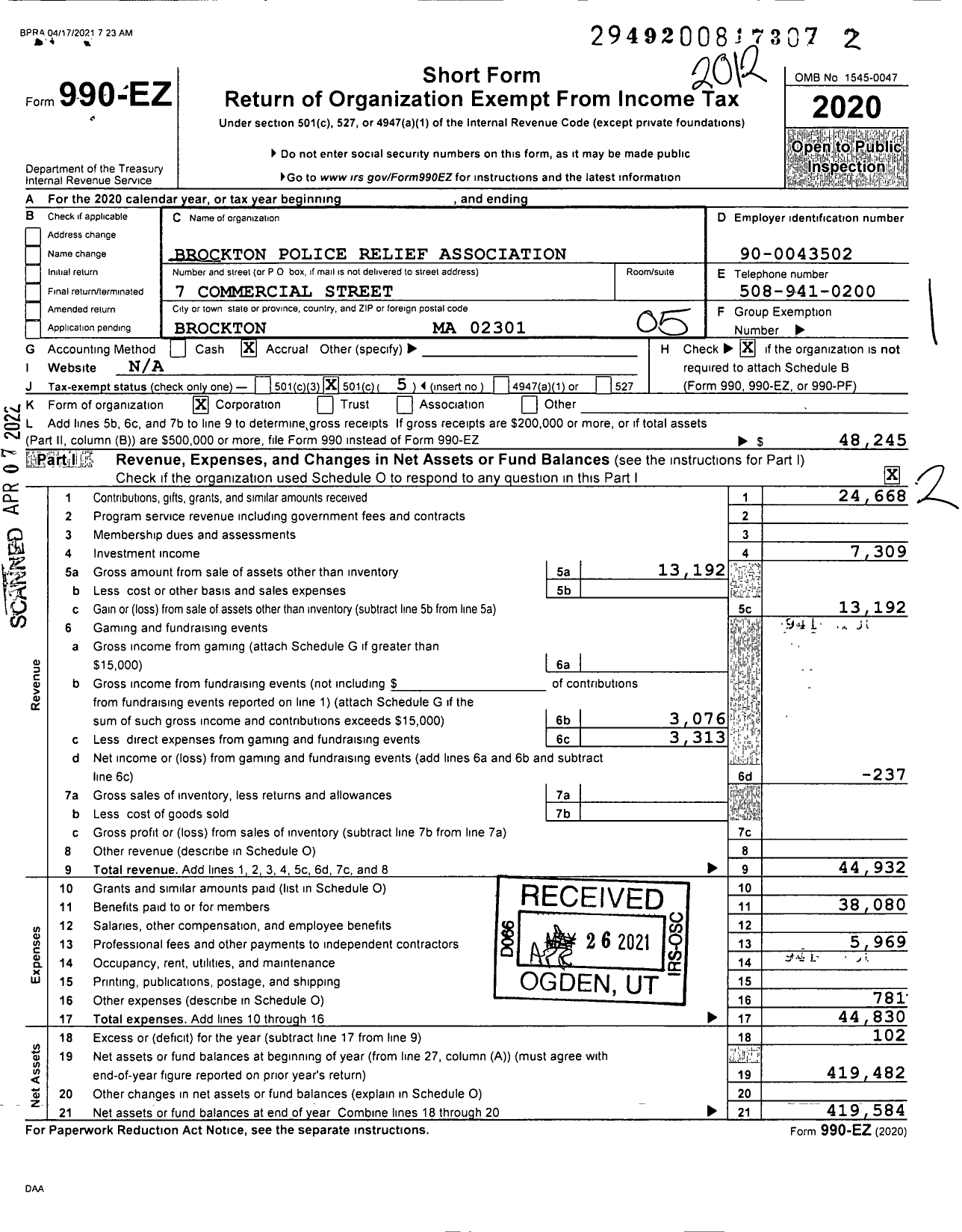 Image of first page of 2020 Form 990EO for Brockton Police Relief Association