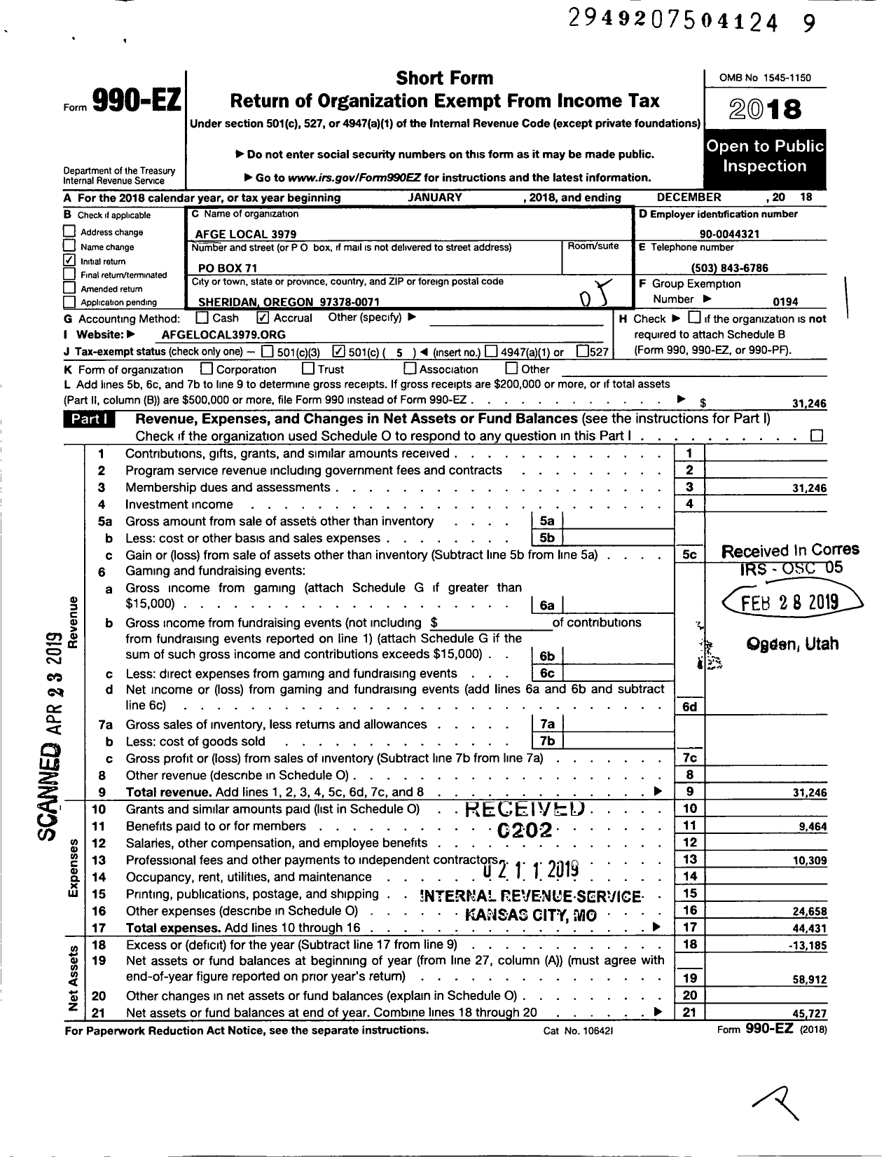 Image of first page of 2018 Form 990EO for American Federation of Government Employees - 3979 Local AFGE Bop