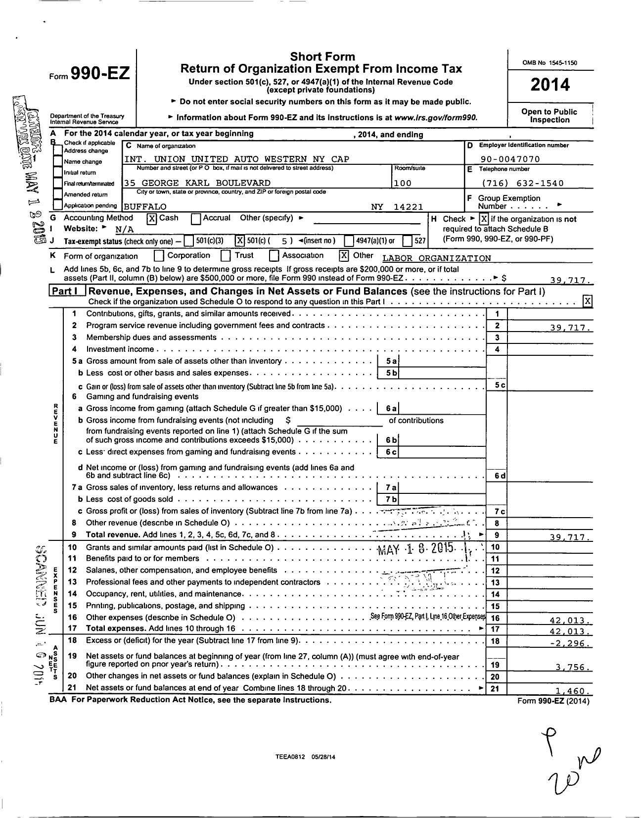 Image of first page of 2014 Form 990EO for Uaw - Western New York Cap