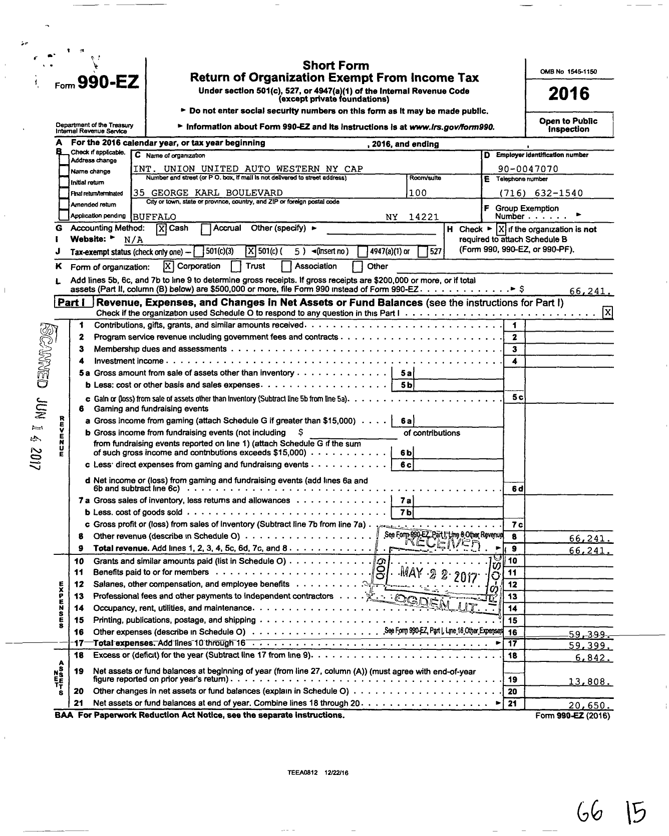 Image of first page of 2016 Form 990EO for Uaw - Western New York Cap