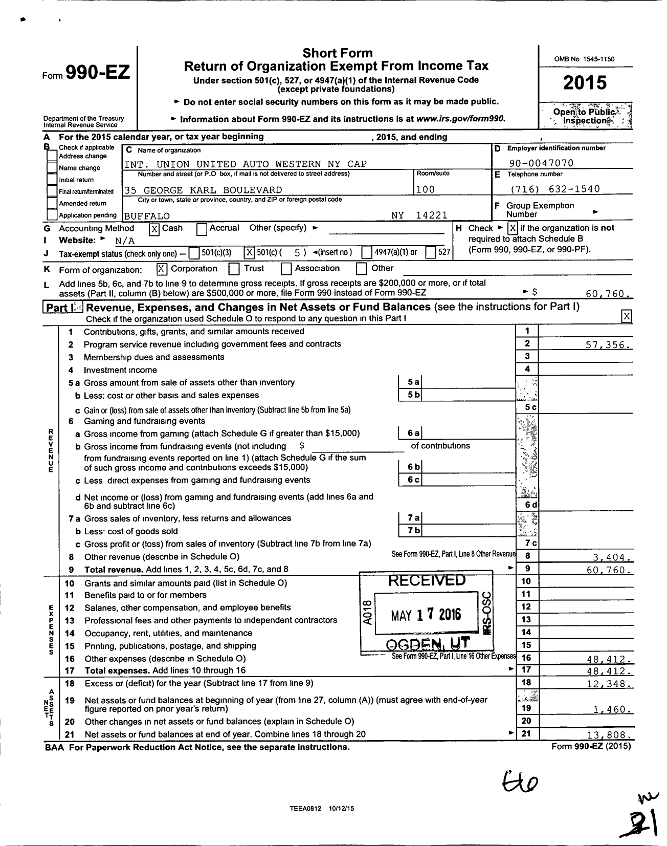 Image of first page of 2015 Form 990EO for Uaw - Western New York Cap