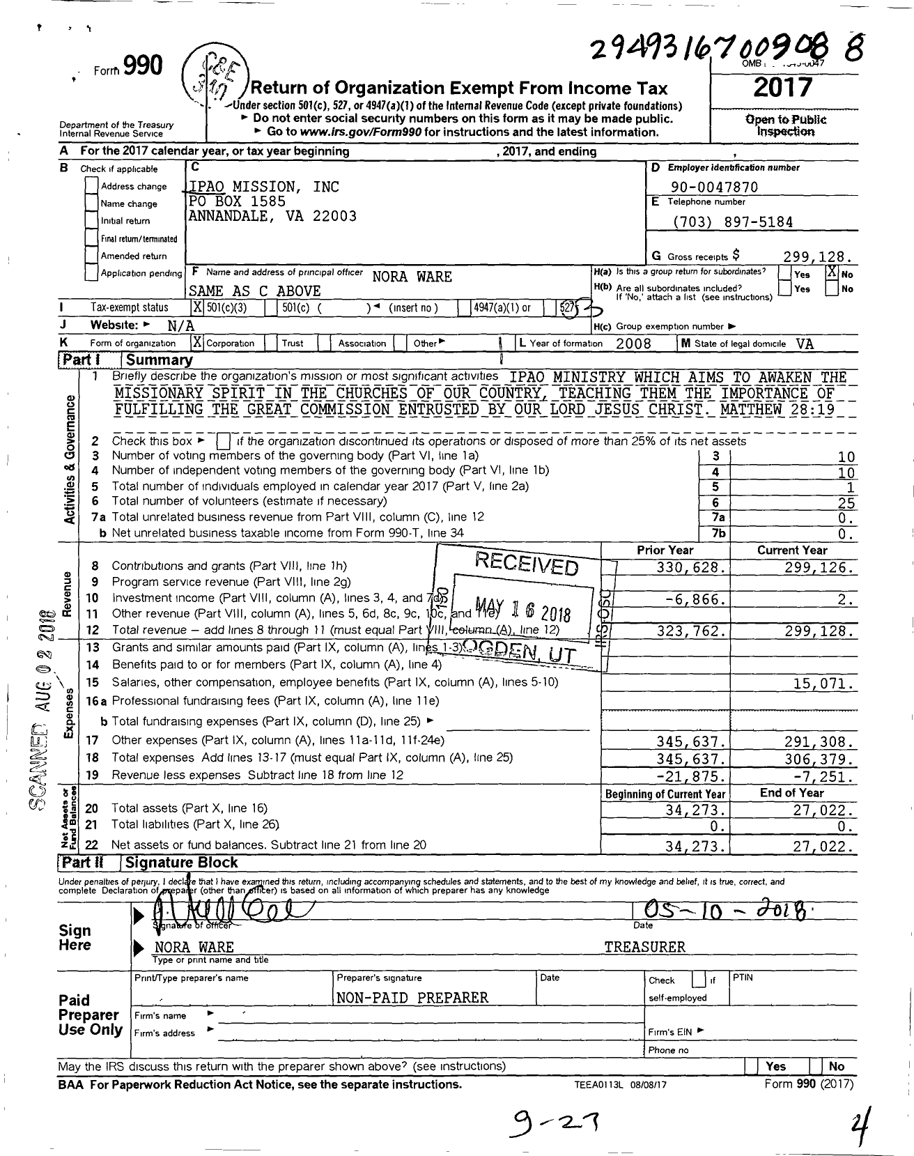 Image of first page of 2017 Form 990 for Ipao Mission