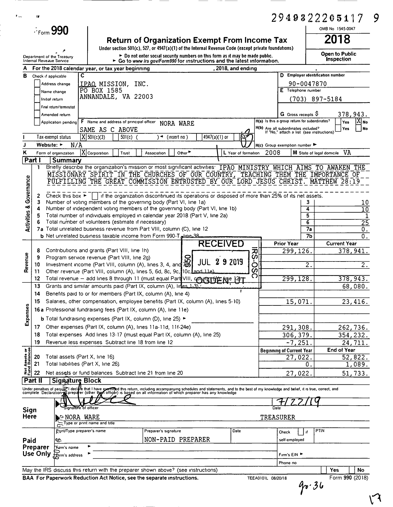 Image of first page of 2018 Form 990 for Ipao Mission