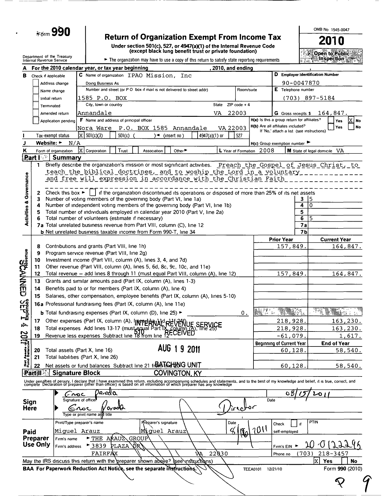 Image of first page of 2010 Form 990 for Ipao Mission