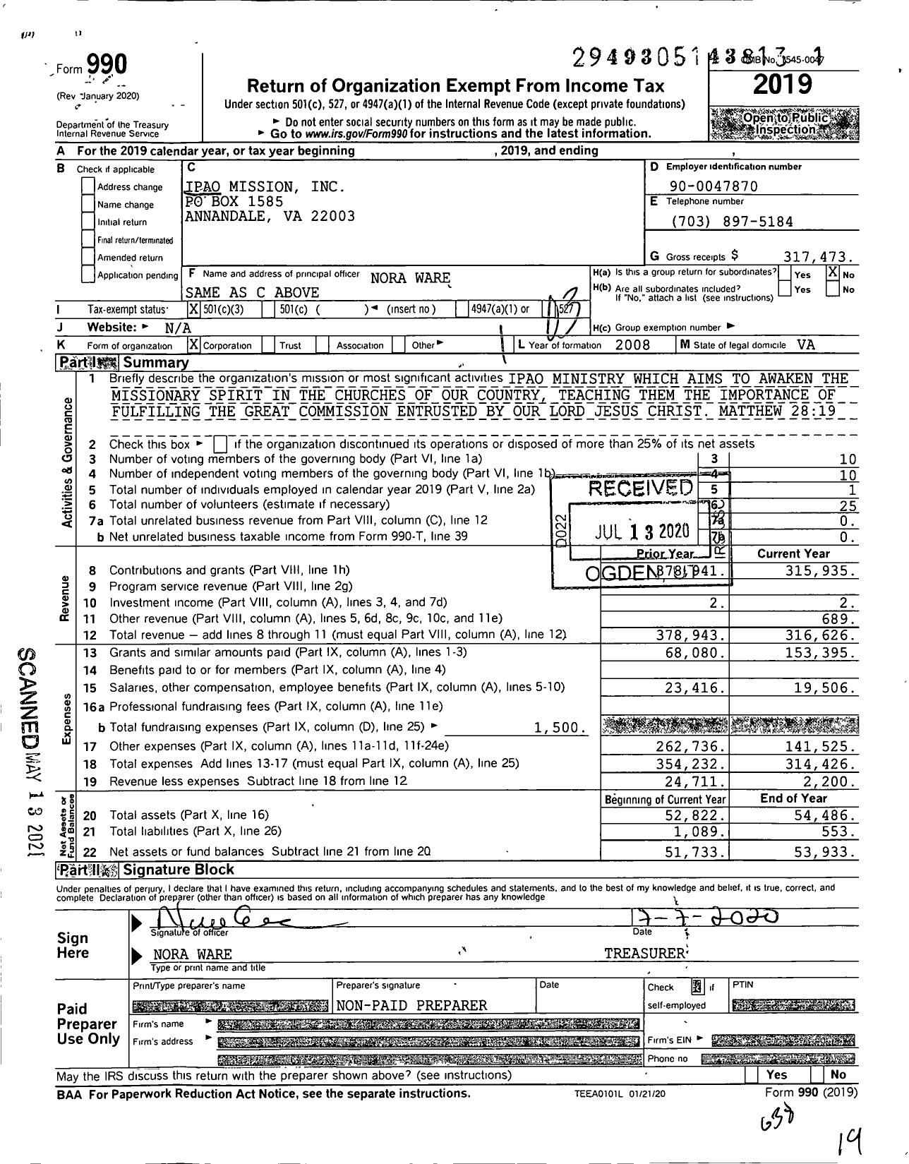 Image of first page of 2019 Form 990 for Ipao Mission